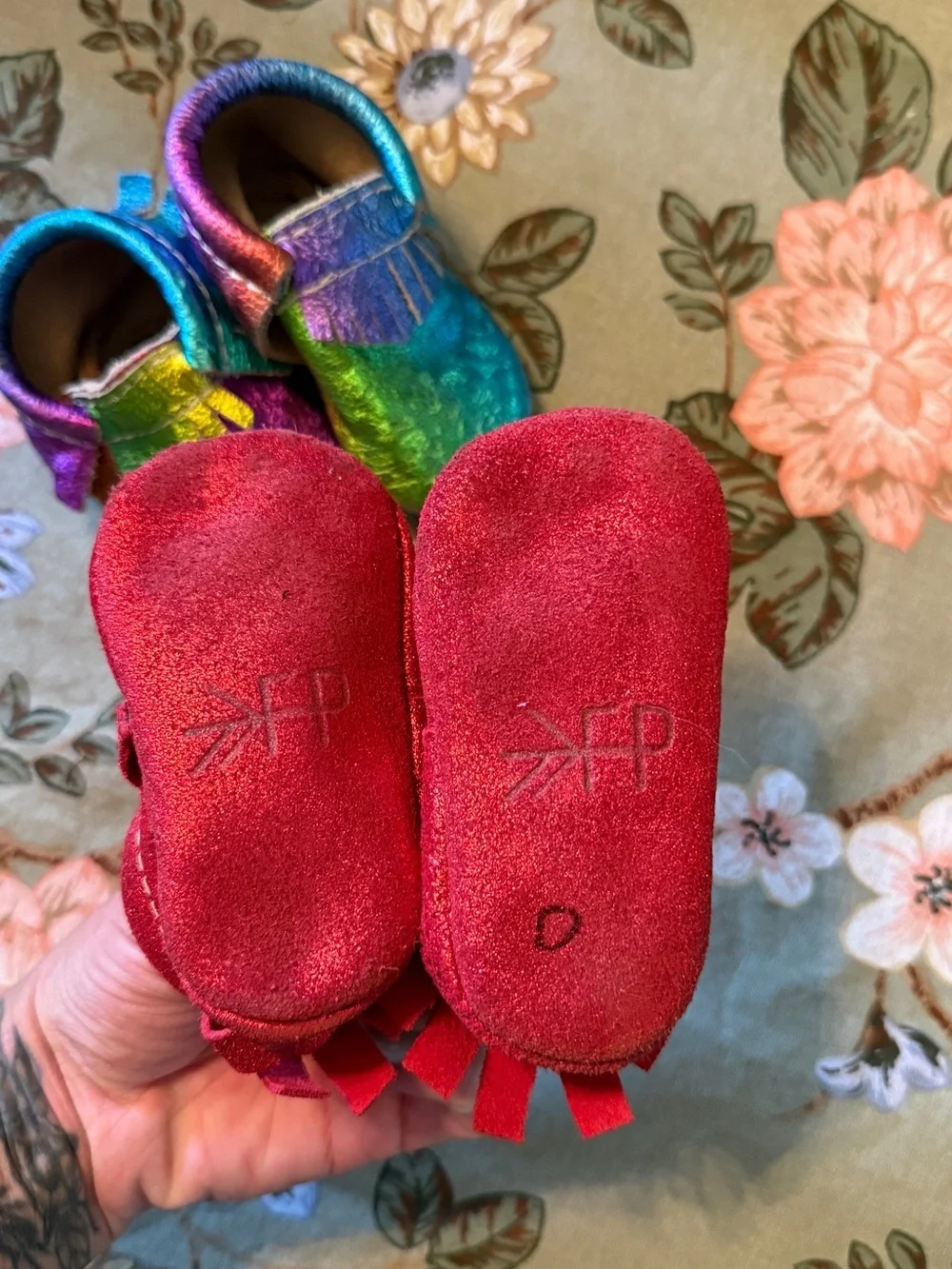 Freshly Picked Rainbow / Red Fringe Moccasin Shoes - Soft Baby Moccs Bundle
